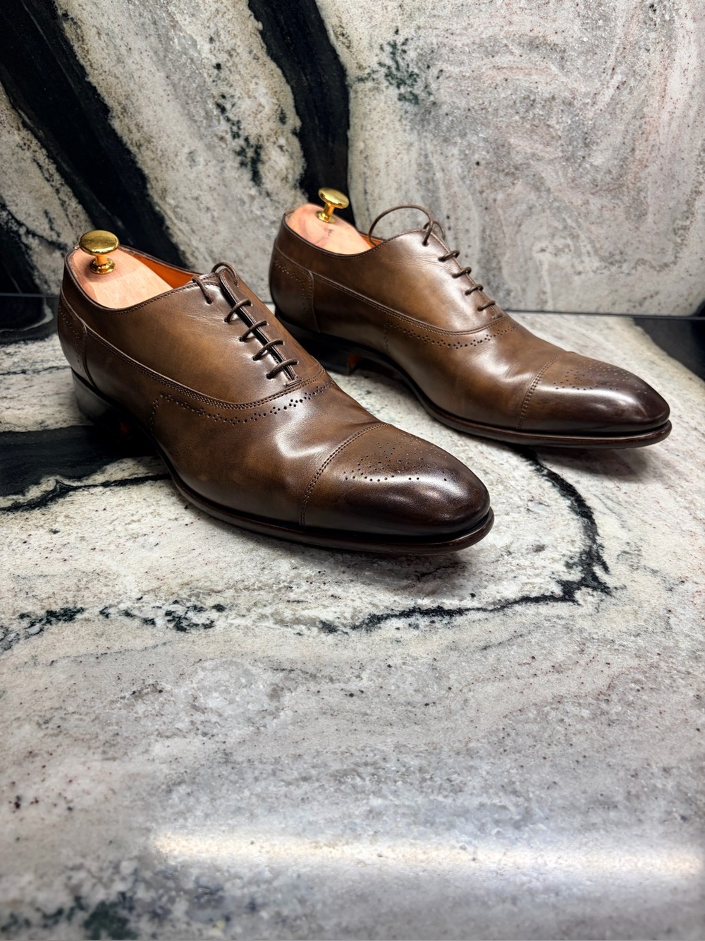 Santoni Fatte a Mano Men’s 11 Brown Patina Cap Toe Oxford Shoes Italy